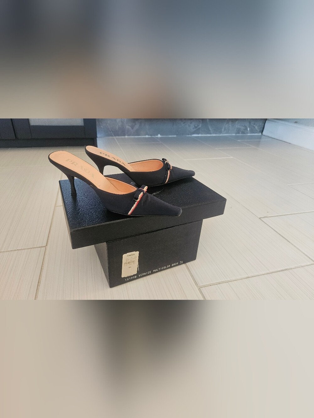 Prada Black Pointed-Toe Kitten Heel Mules with Buckle Trim: VERNICE MULTICOLOR - Picture 2 of 5